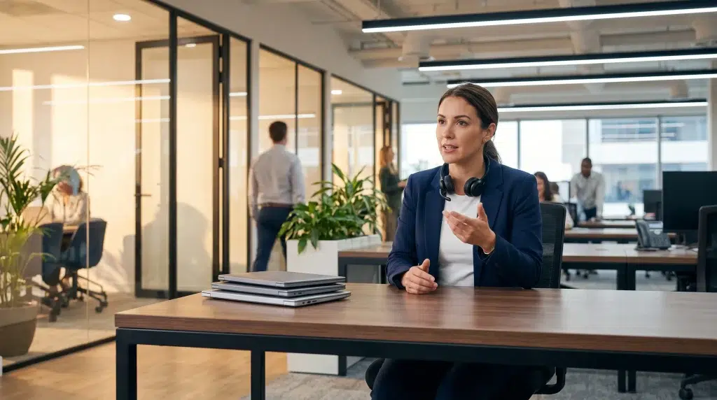 Businesswoman speaking in modern office with headphones and laptops on wooden desk