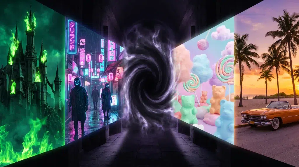 Dark tunnel with vortex leading to four surreal portals featuring castle, neon city, candy, and beach scene