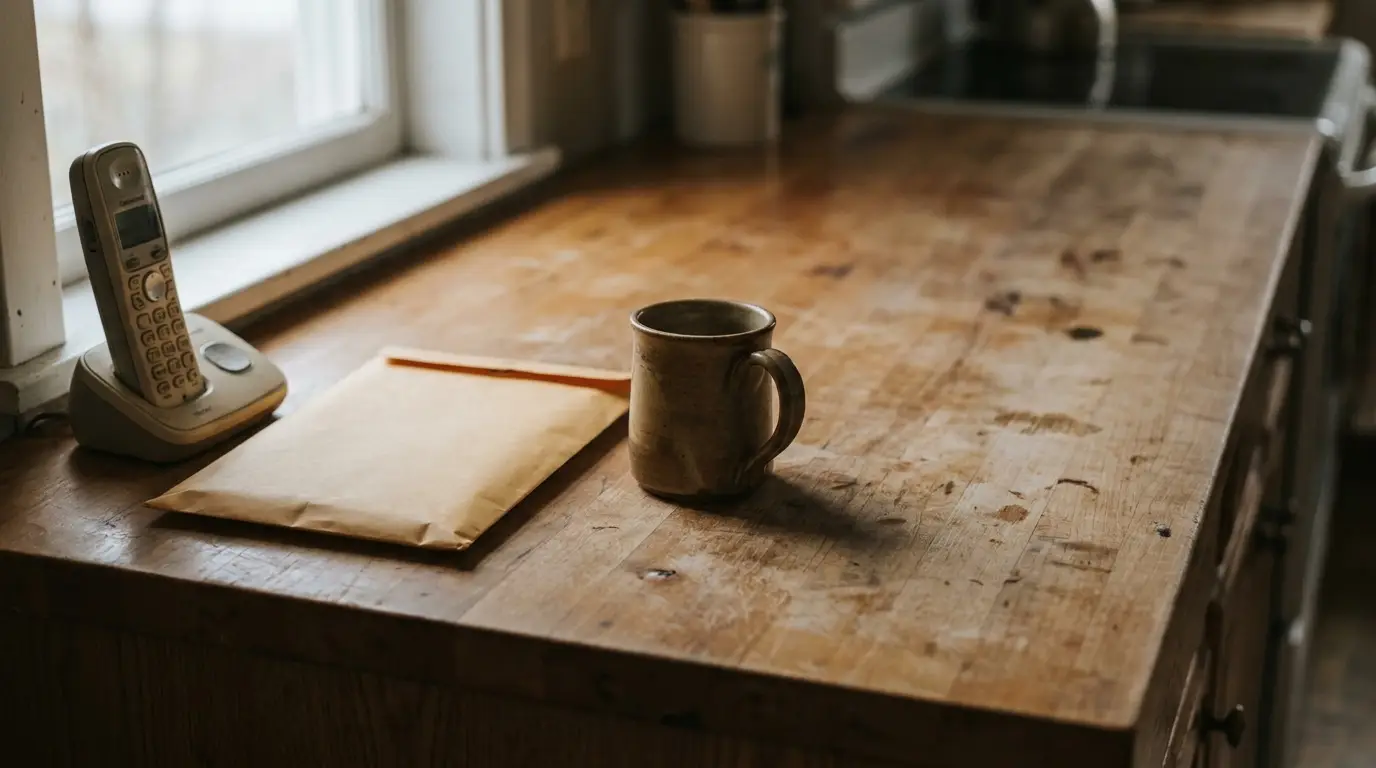 Ceramic mug, envelope, and cordless phone on wooden kitchen counter with natural light