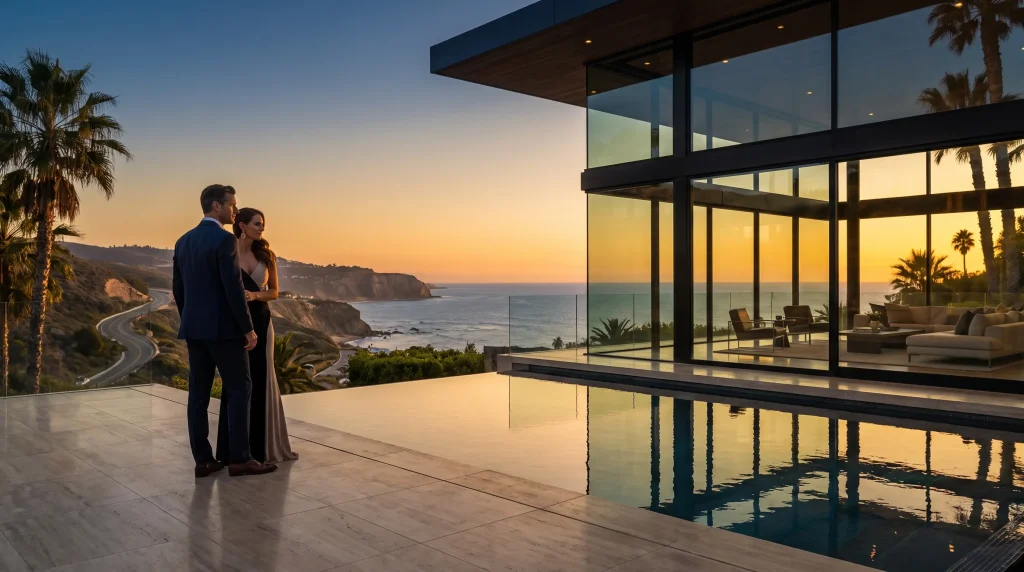 Couple standing on modern terrace overlooking ocean at sunset with glass-walled living area