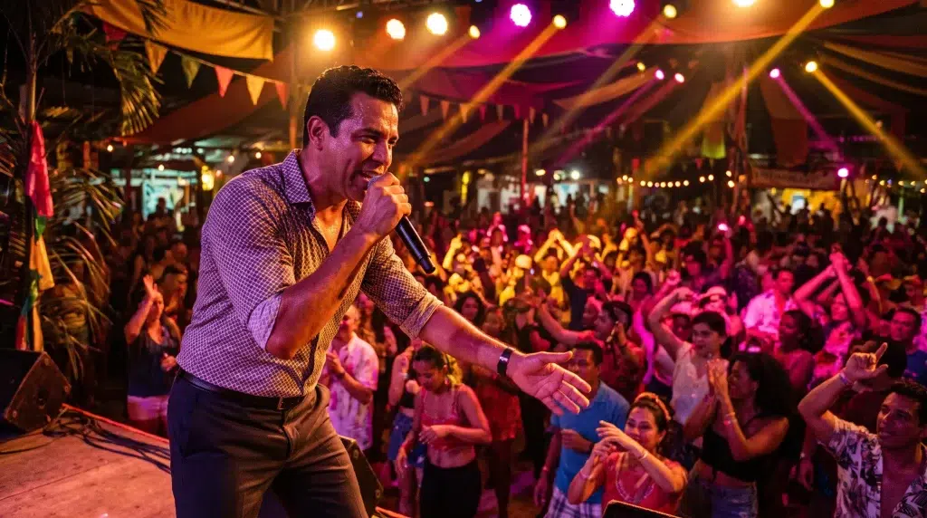 Singer performing on stage at lively outdoor night festival with colorful lights and enthusiastic crowd