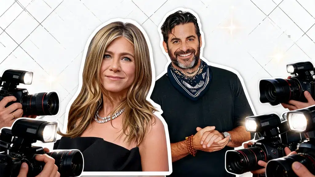 collage showing Jennifer Aniston and Jim Curtis with photographers capturing images at a public event backdrop