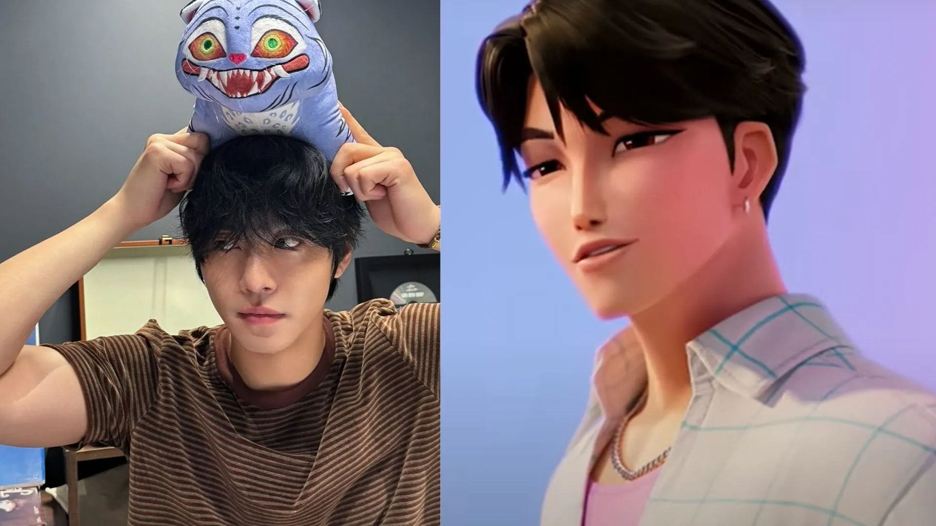 Ahn Hyo-seop and Jinu from KPop Demon Hunters shown together in a split image featuring the voice actor and animated character.