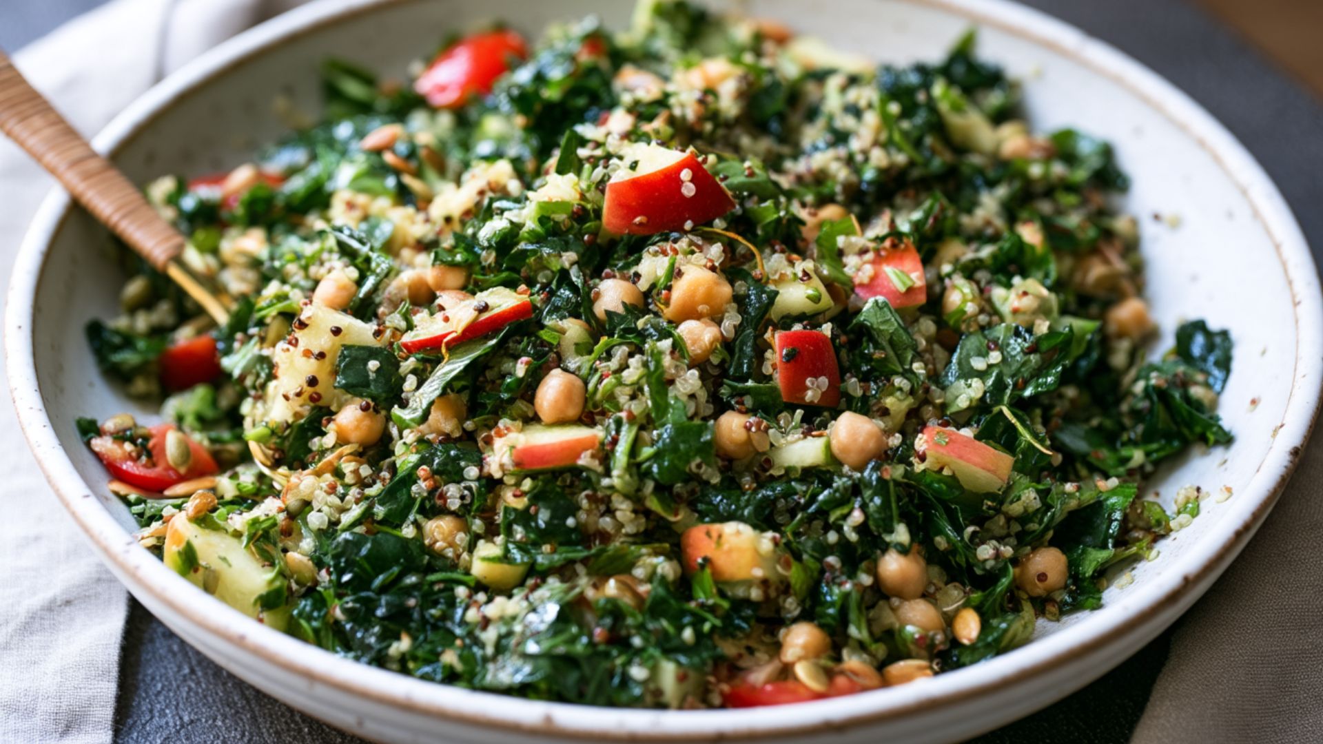 Kale quinoa salad with chickpeas, cucumber, cherry tomatoes, pumpkin seeds and lemon dressing.