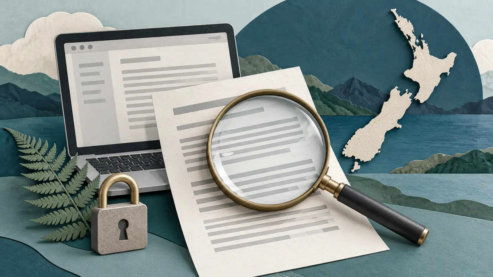 Laptop, documents, magnifying glass, and lock on abstract New Zealand map background