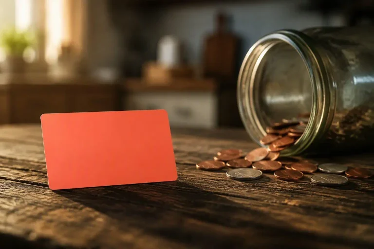 Spilled coins from glass jar on rustic wooden table under warm lighting