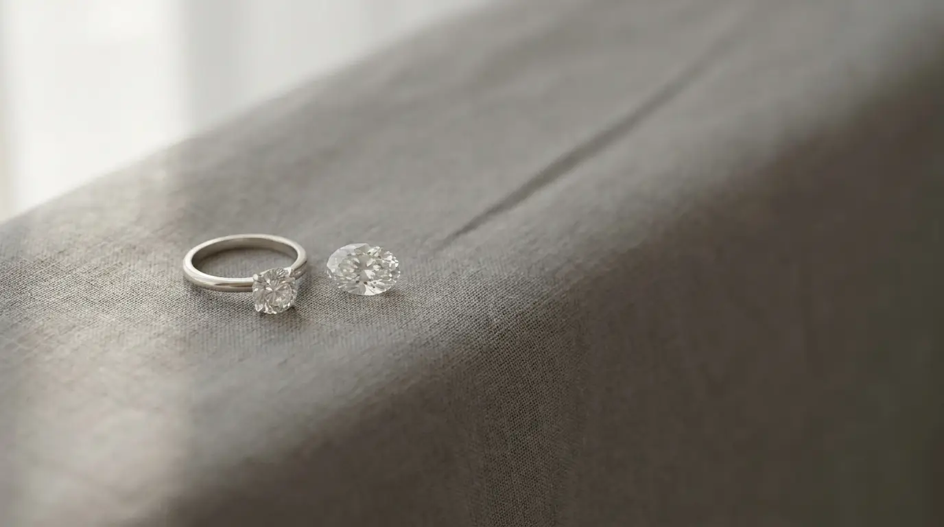 Diamond ring and loose diamond on gray fabric surface in soft natural light