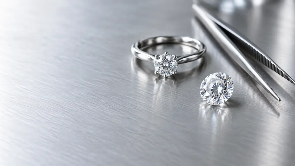 Diamond ring and loose diamond next to tweezers on brushed metal surface