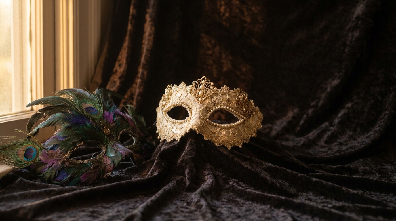 Decorative gold masquerade mask with pearls next to a peacock-feathered mask on velvet fabric