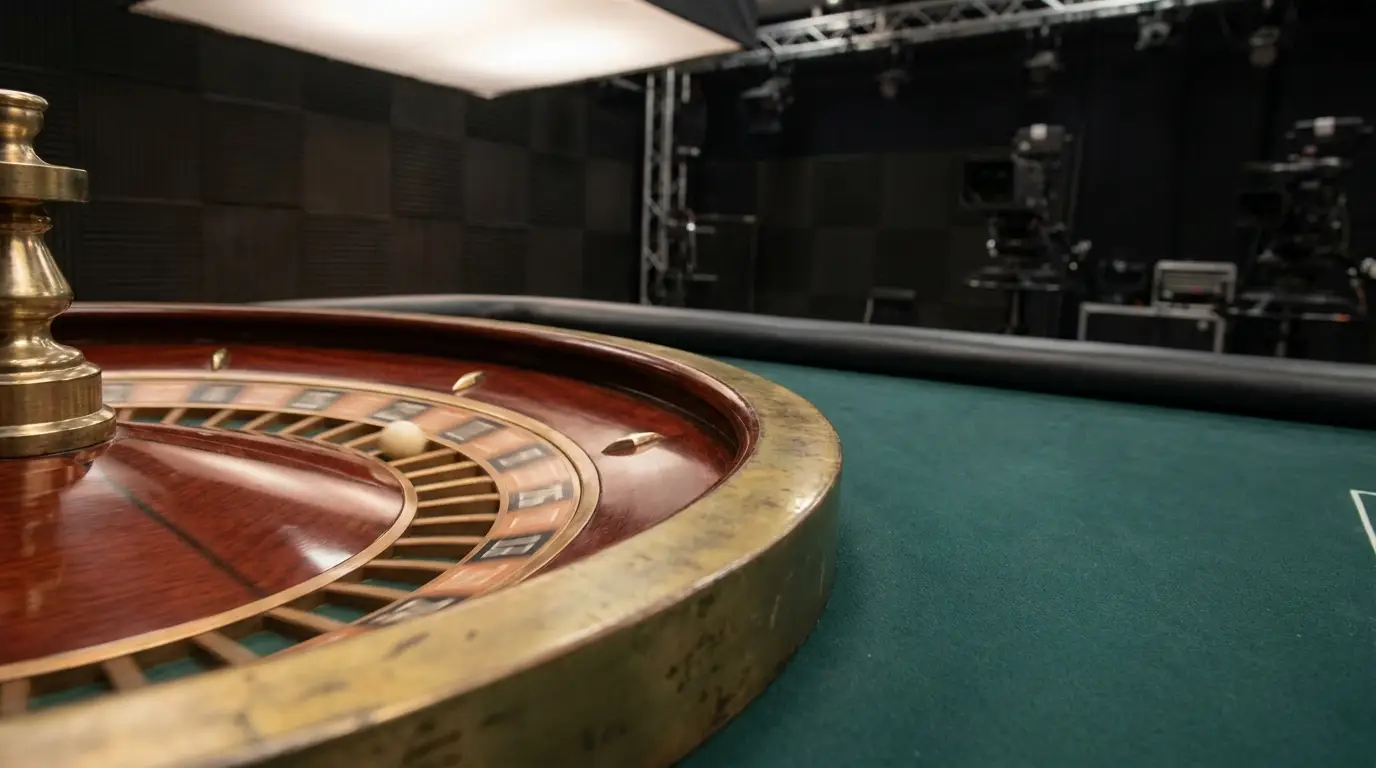 Roulette wheel spinning on green casino table in dimly lit studio setting
