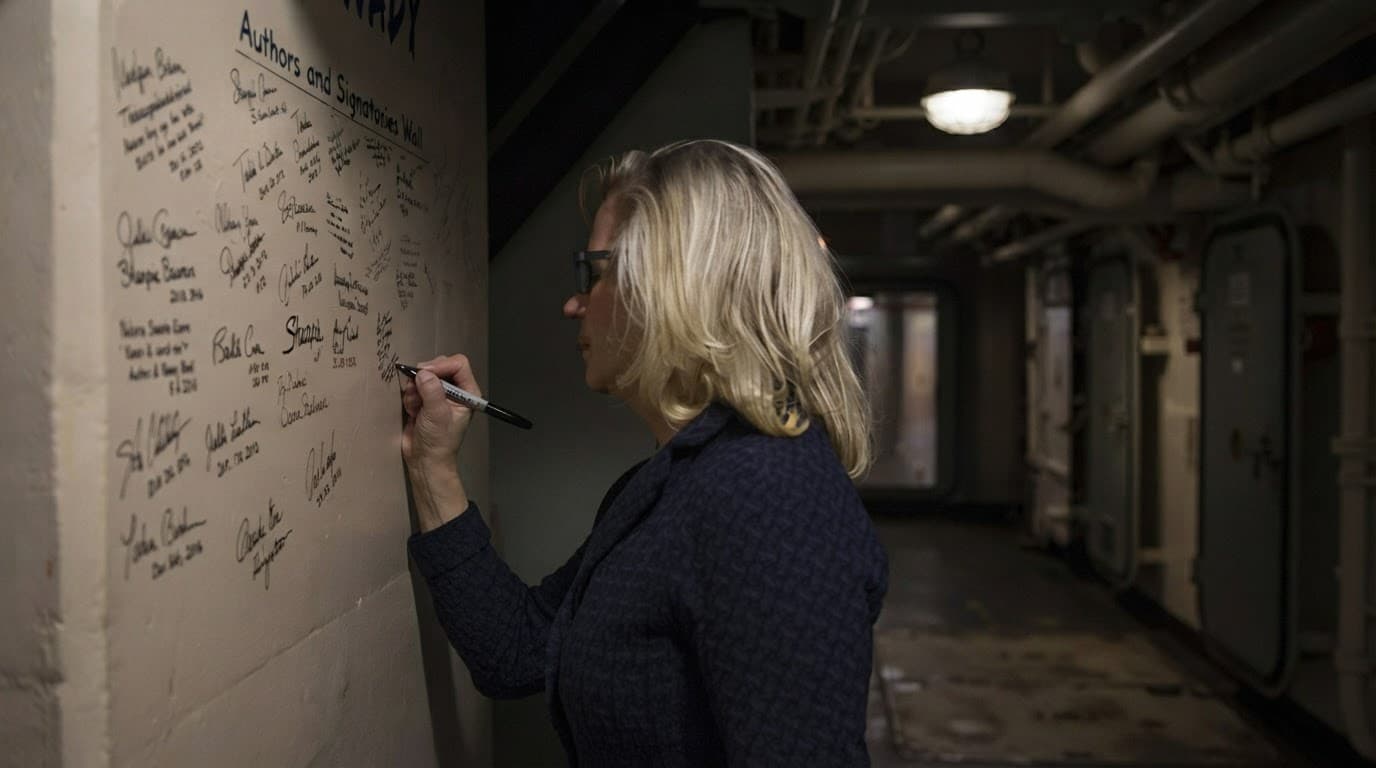 Liz Cheney writing on a wall of authors and signatories at a public event