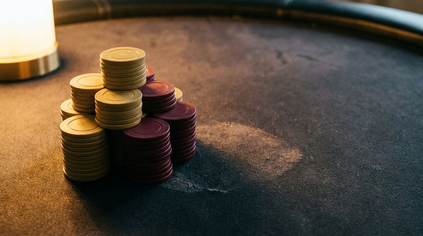 Stacks of poker chips on felt-covered poker table under warm lighting