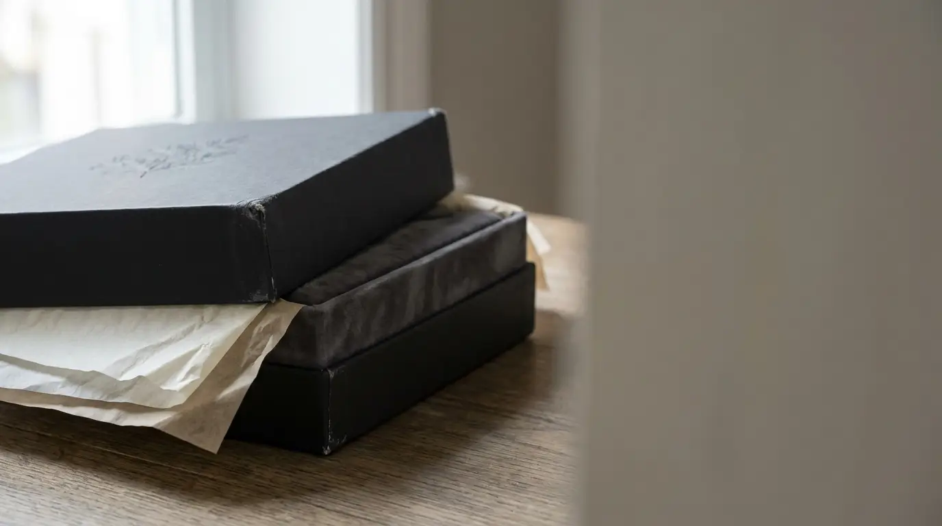 Two black gift boxes with tissue paper on wooden table near window