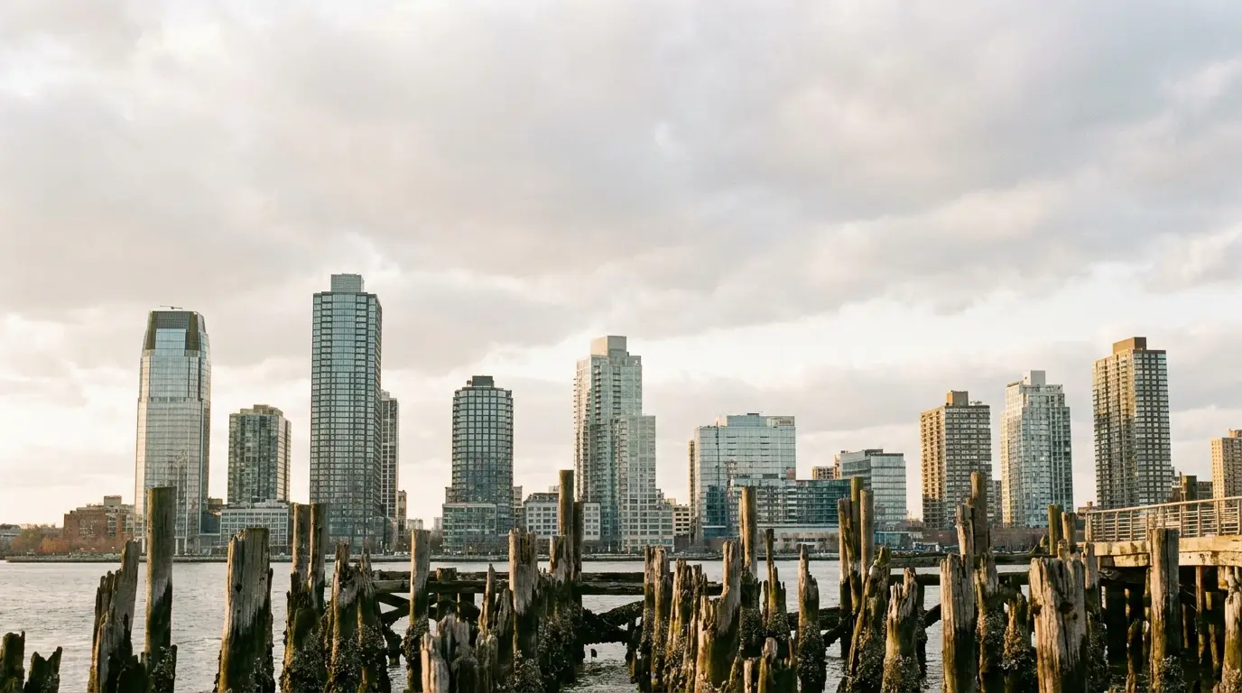 Skyscrapers and old wooden pilings by the water under a cloudy sky