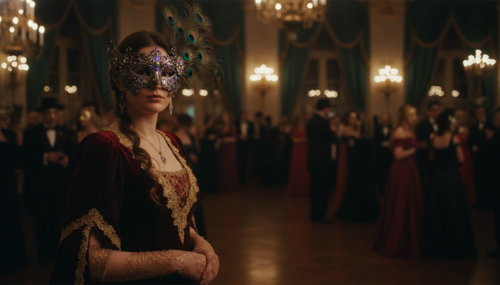 Elegant woman in intricate mask and ornate gown at glamorous masquerade ball with chandeliers
