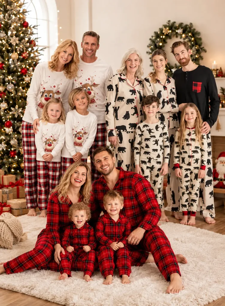 Family wearing matching pajamas posing in cozy living room with Christmas tree and festive decorations