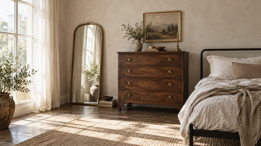 Cozy bedroom with wooden dresser, large mirror, and soft natural lighting