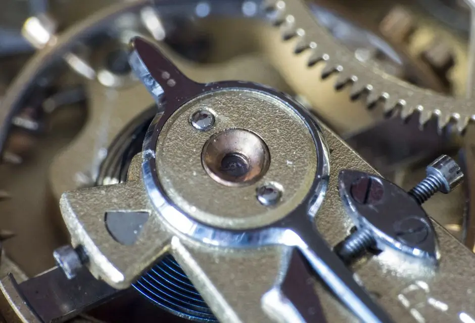 Intricate metal gears and components of a mechanical watch movement in close-up view