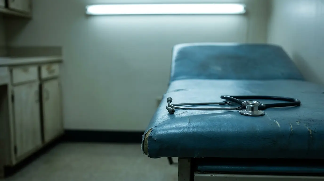 Worn examination table with stethoscope in dimly lit medical examination room