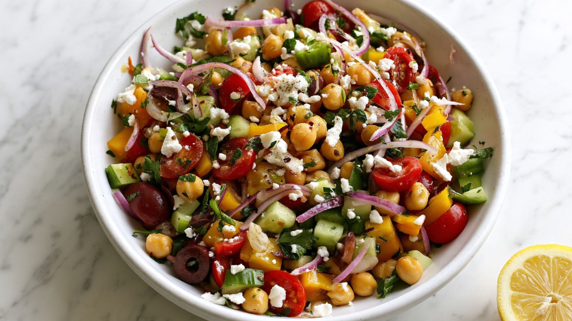 Mediterranean chickpea salad with cucumber, tomato, red onion, olives, feta and parsley.