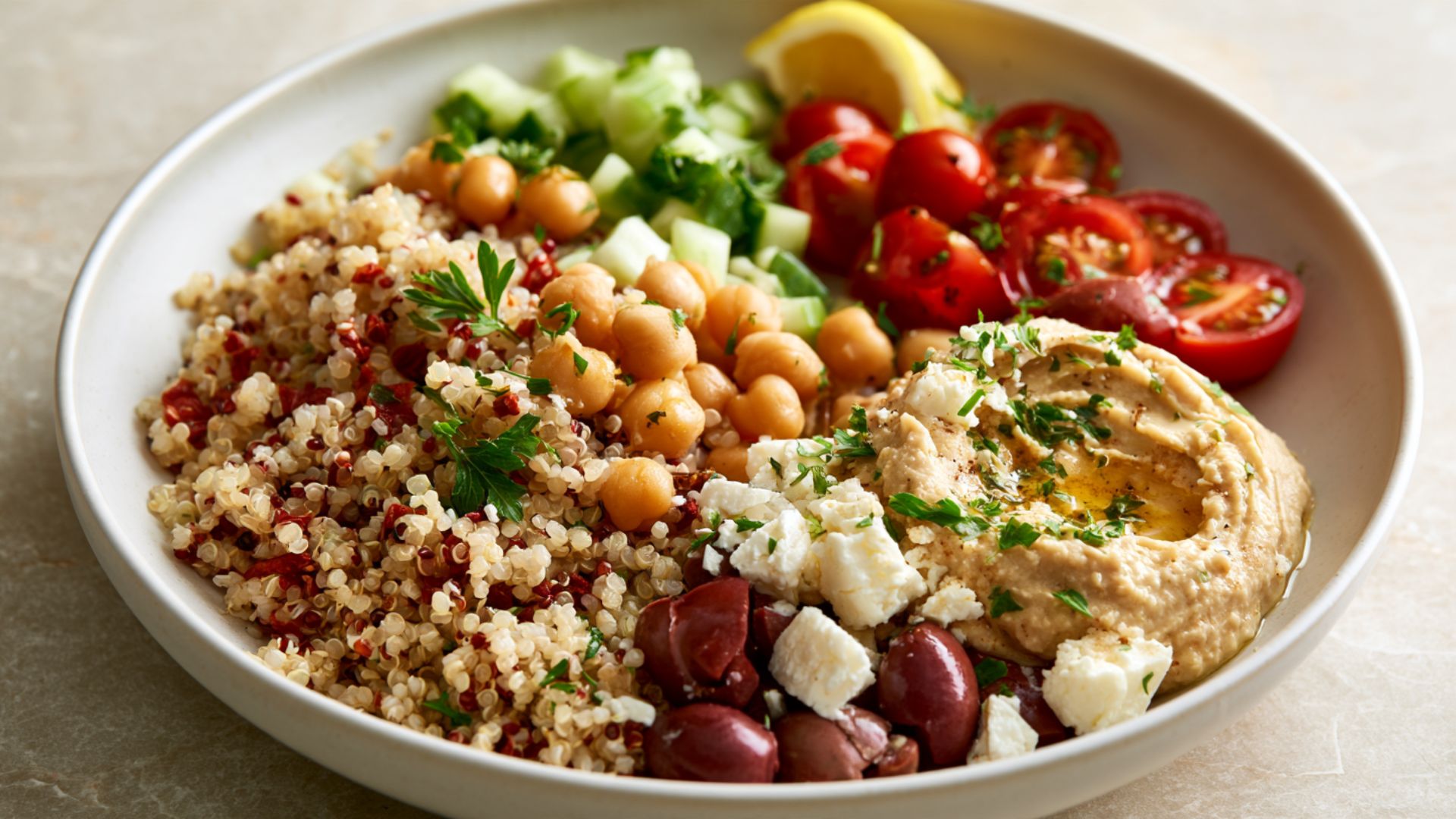 Mediterranean quinoa bowl with chickpeas, cucumber, tomatoes, olives, feta, hummus and parsley.