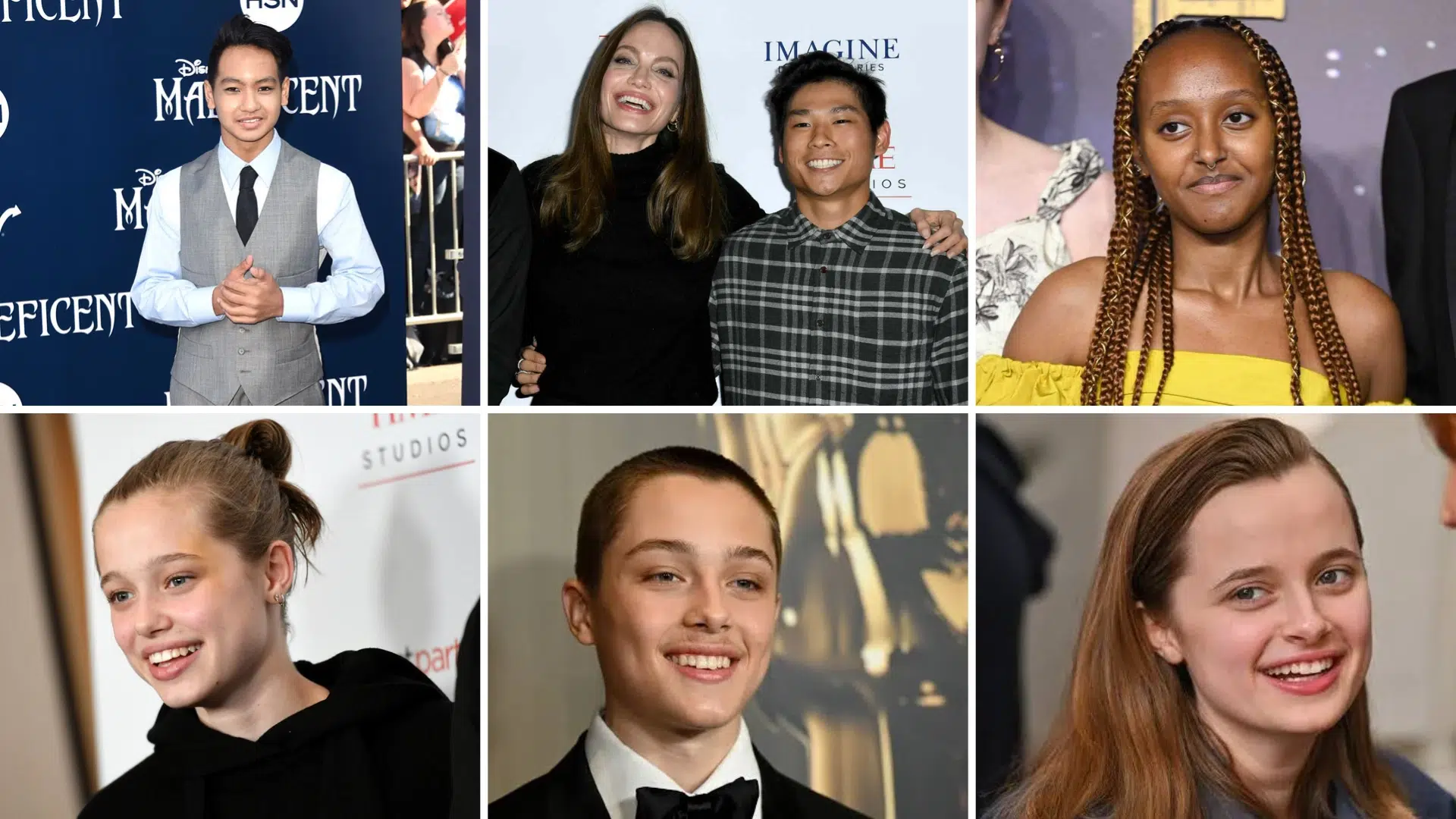 Brad Pitt's six children Maddox, Pax, Zahara, Shiloh, Knox and Vivienne shown in a photo collage