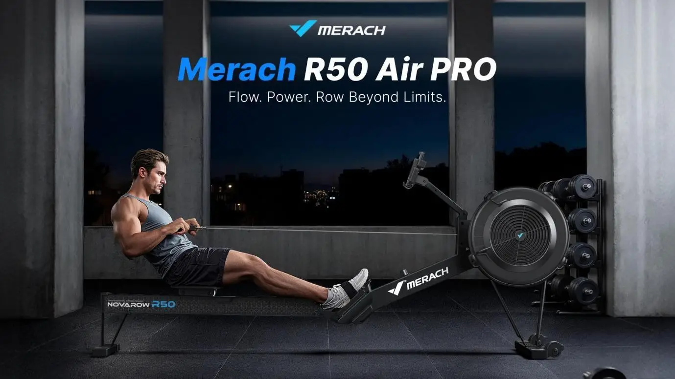Man using rowing machine in dimly lit modern gym with cityscape view