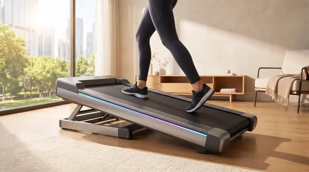 Treadmill walking in modern living room with large windows and wooden furniture