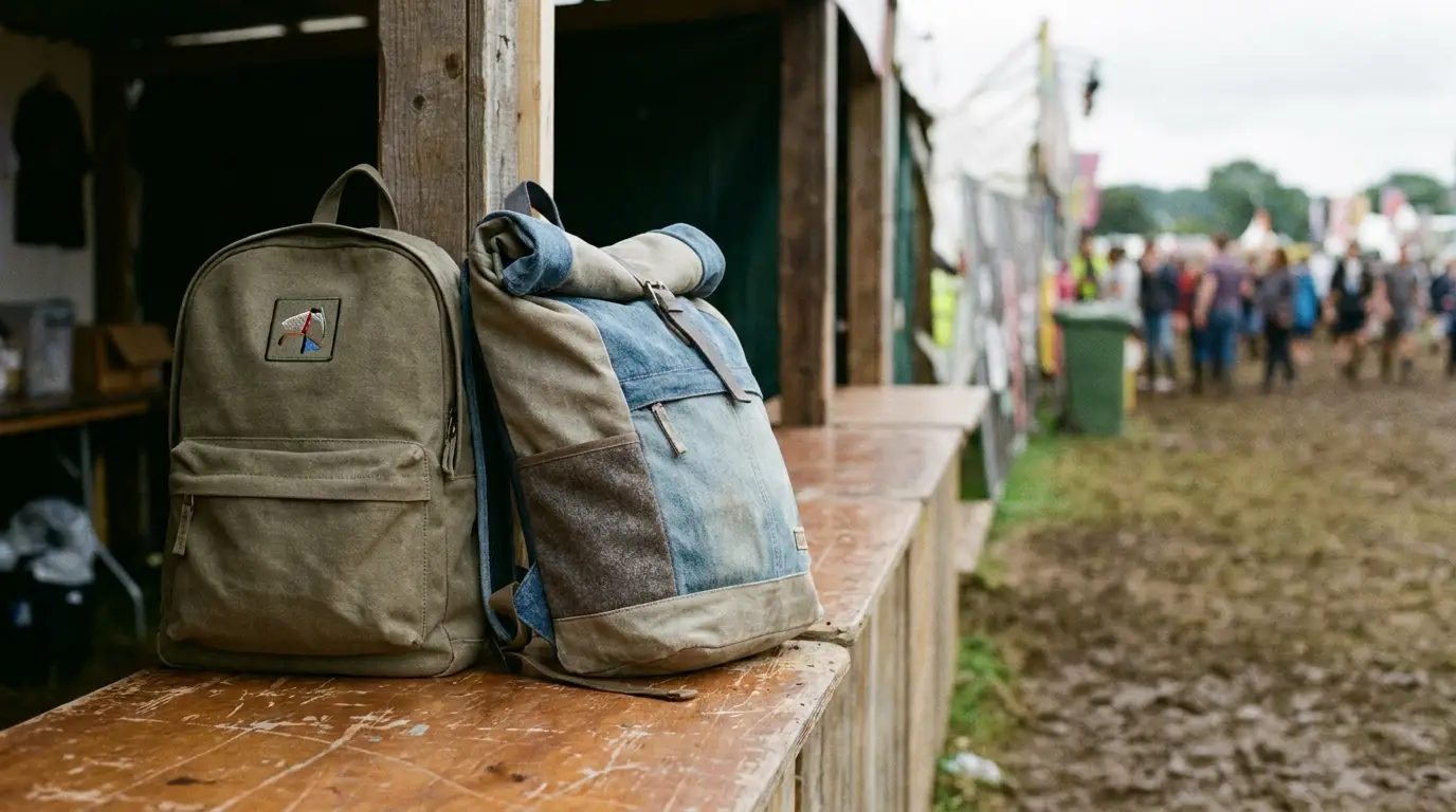 Two backpacks on a wooden table at an outdoor festival with blurred crowd in background