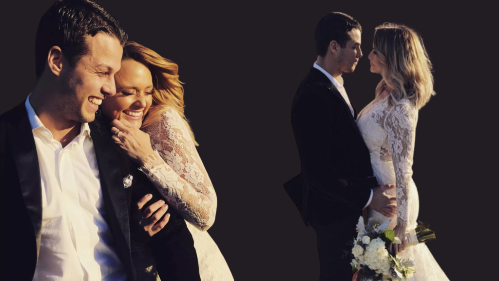 miranda lambert and brendan mcloughlina smiling in two wedding-style poses, with the brendan in a dark suit and the miranda wearing a white lace dress and holding a bouquet.