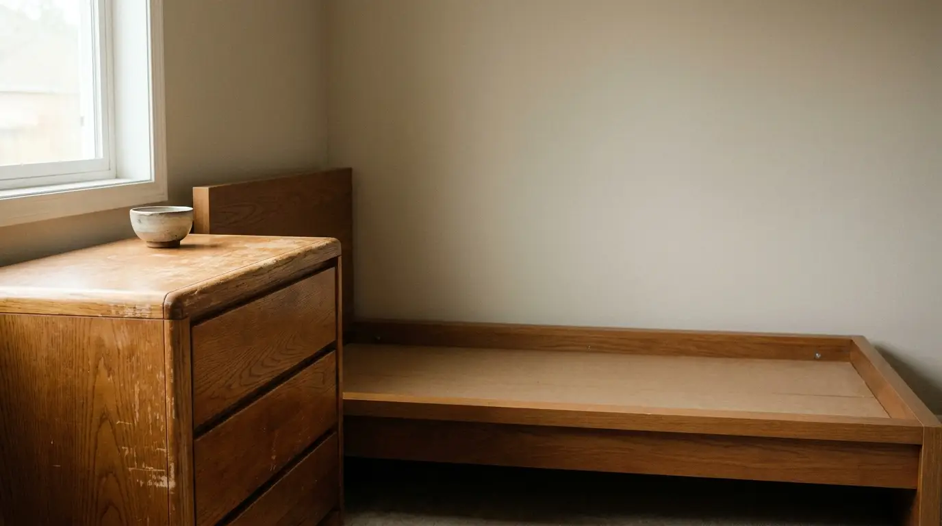 Wooden bed frame and dresser with ceramic bowl in a minimally furnished bedroom