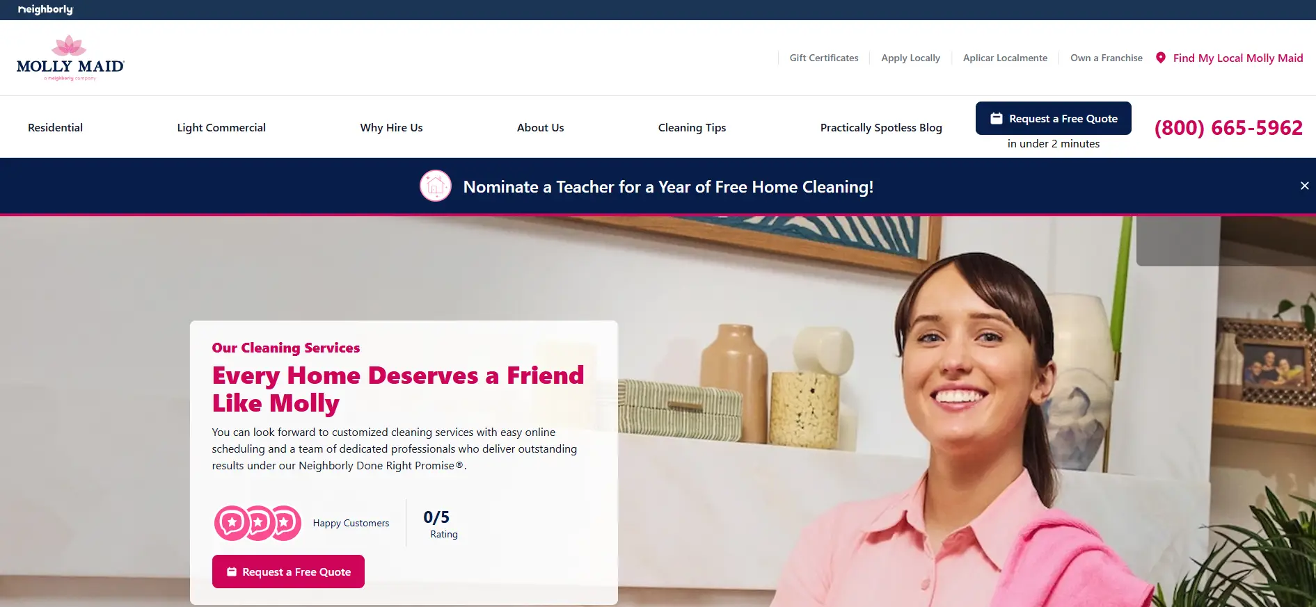 Smiling person in a pink shirt holding a cleaning cloth in a cozy living room setting