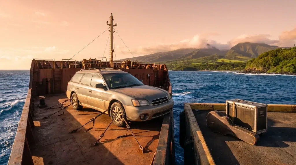 Car secured on ferry deck with amplifier and guitar case, ocean and mountains in background