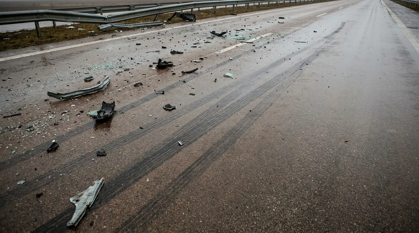 Debris and skid marks on wet highway after a vehicle accident