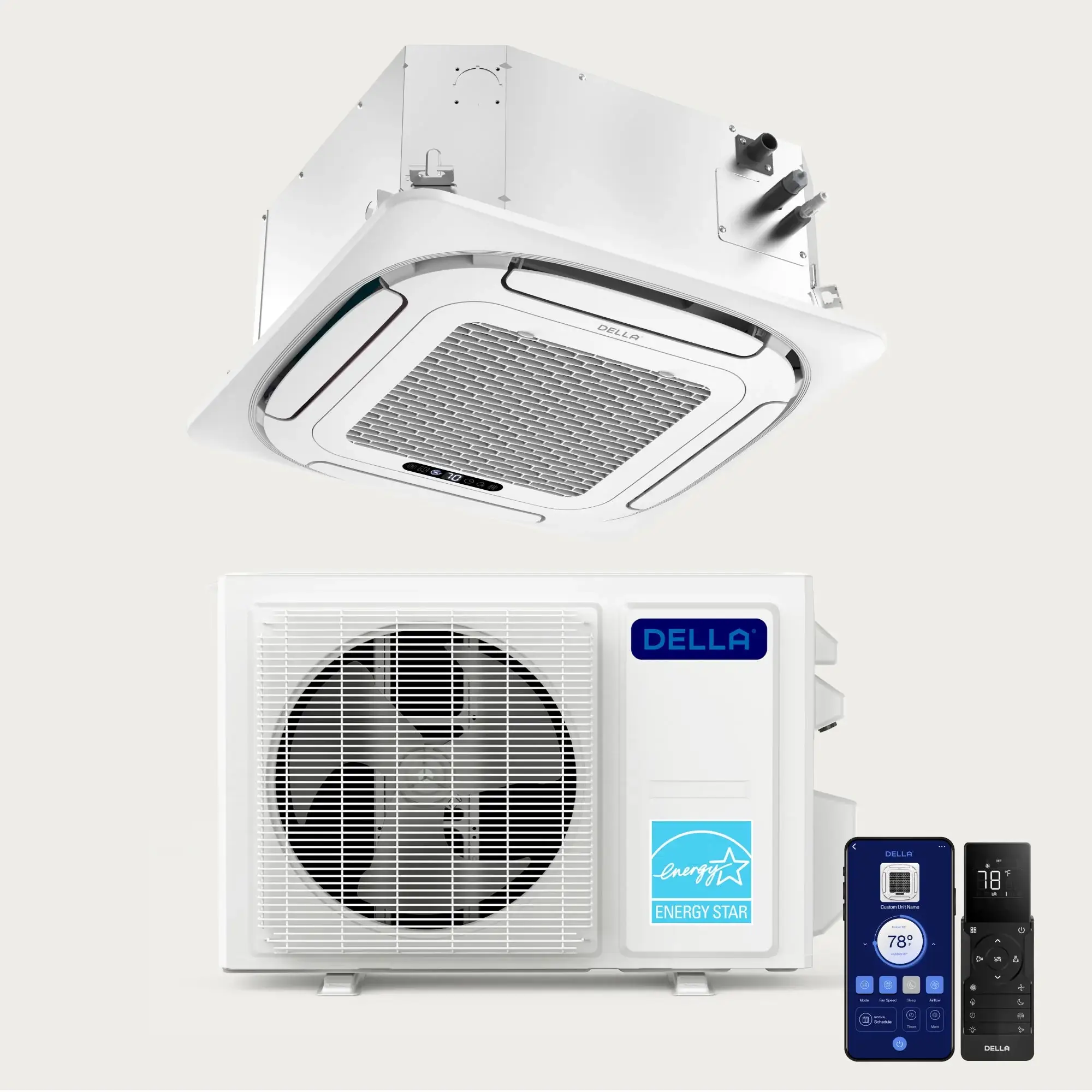 Ceiling cassette air conditioner system with external unit and remote controls on plain background