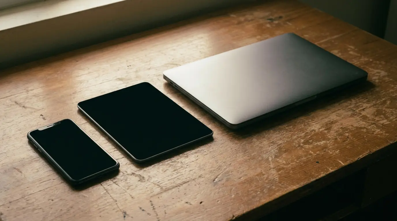 Smartphone, tablet, and closed laptop on wooden desk in soft natural light