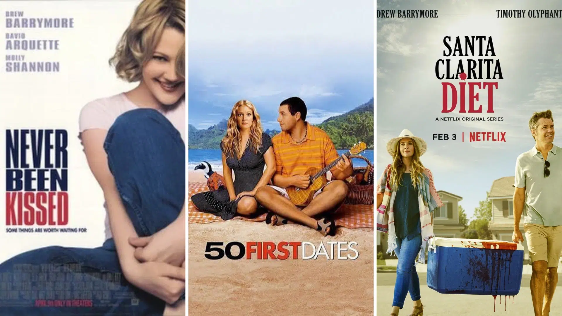 three movie posters featuring romantic comedy and television roles with male and female actors