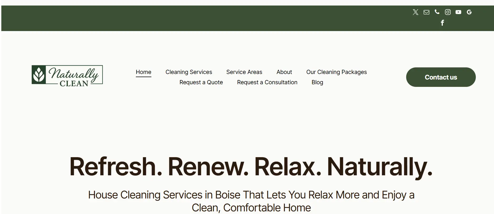 Logo and navigation menu for Naturally Clean cleaning services website with contact button