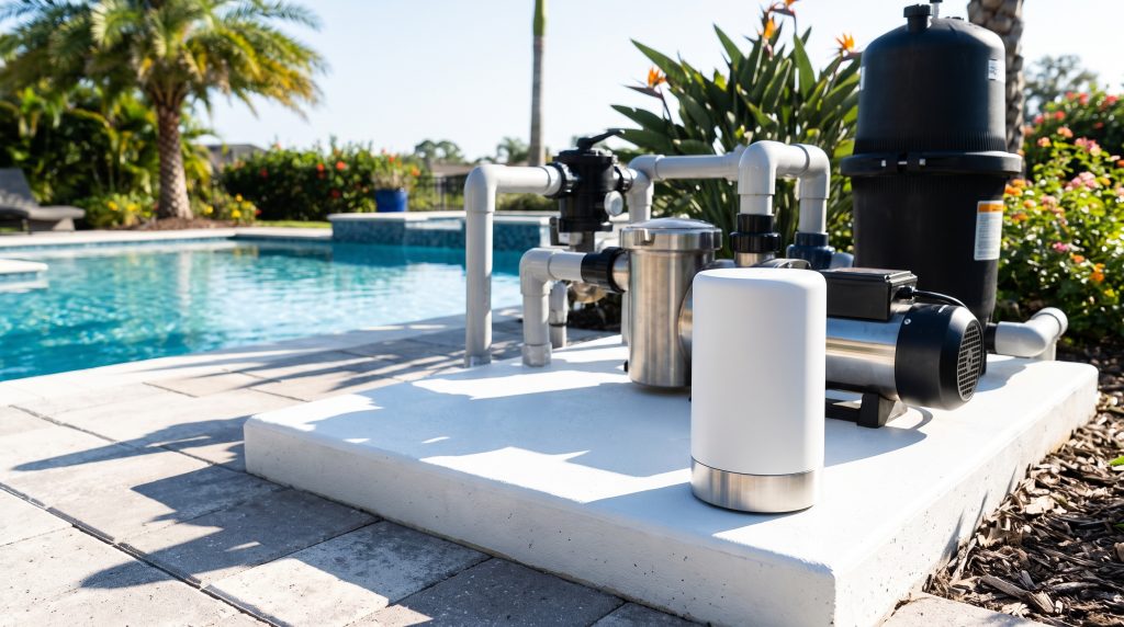 Pool pump and filter system beside outdoor swimming pool in sunny garden setting