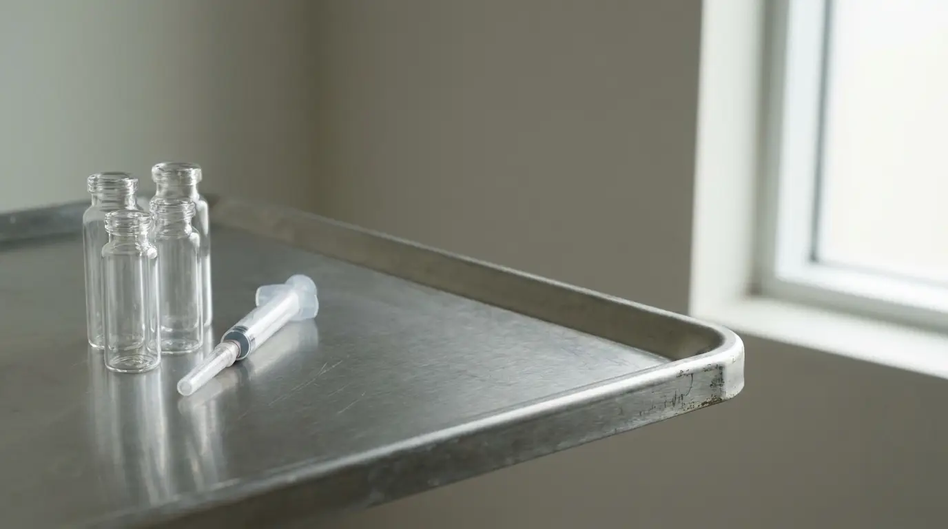 Empty glass vials and syringe on metal tray in medical setting with natural light