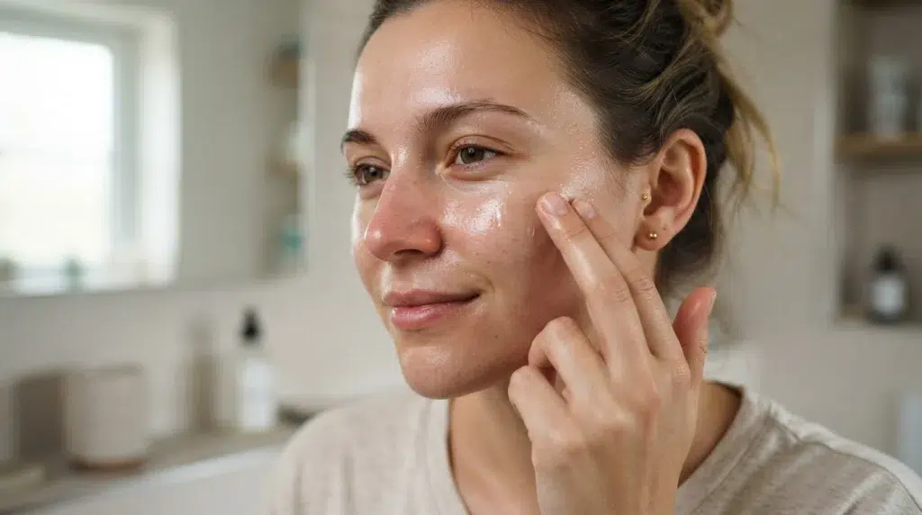 woman applying niacinamide serum to textured skin with visible pores and natural red tone