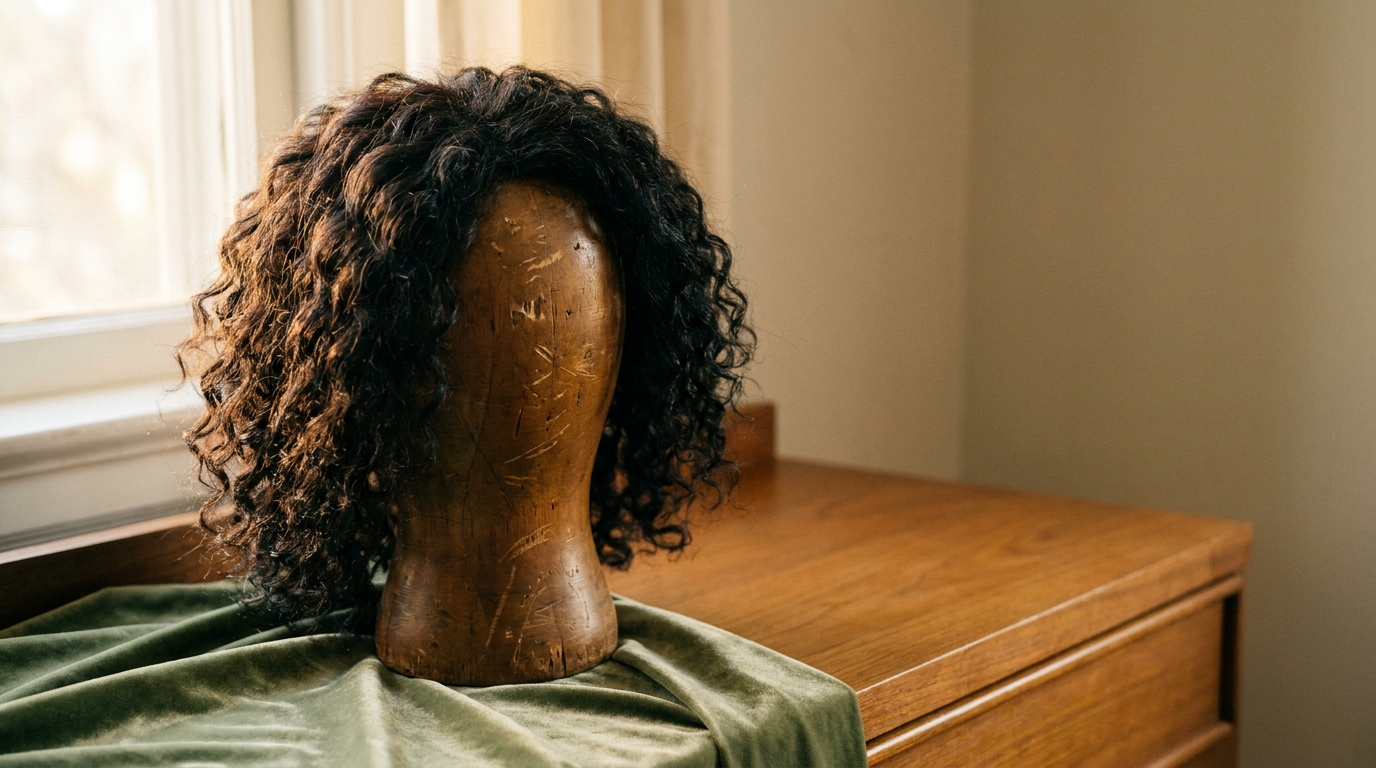 Curly wig on wooden mannequin head in sunlit room with green velvet cloth