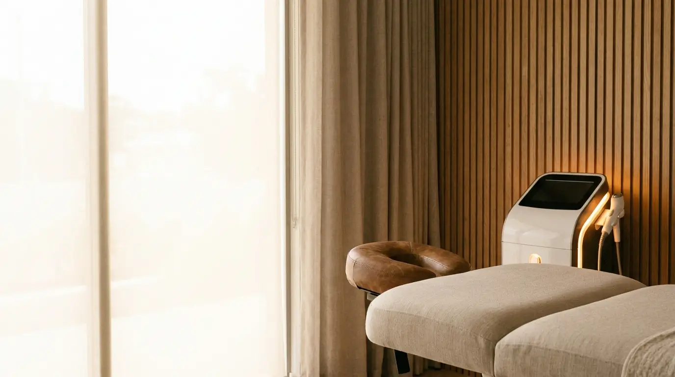Massage table and laser device in serene spa room with wooden paneling and soft lighting