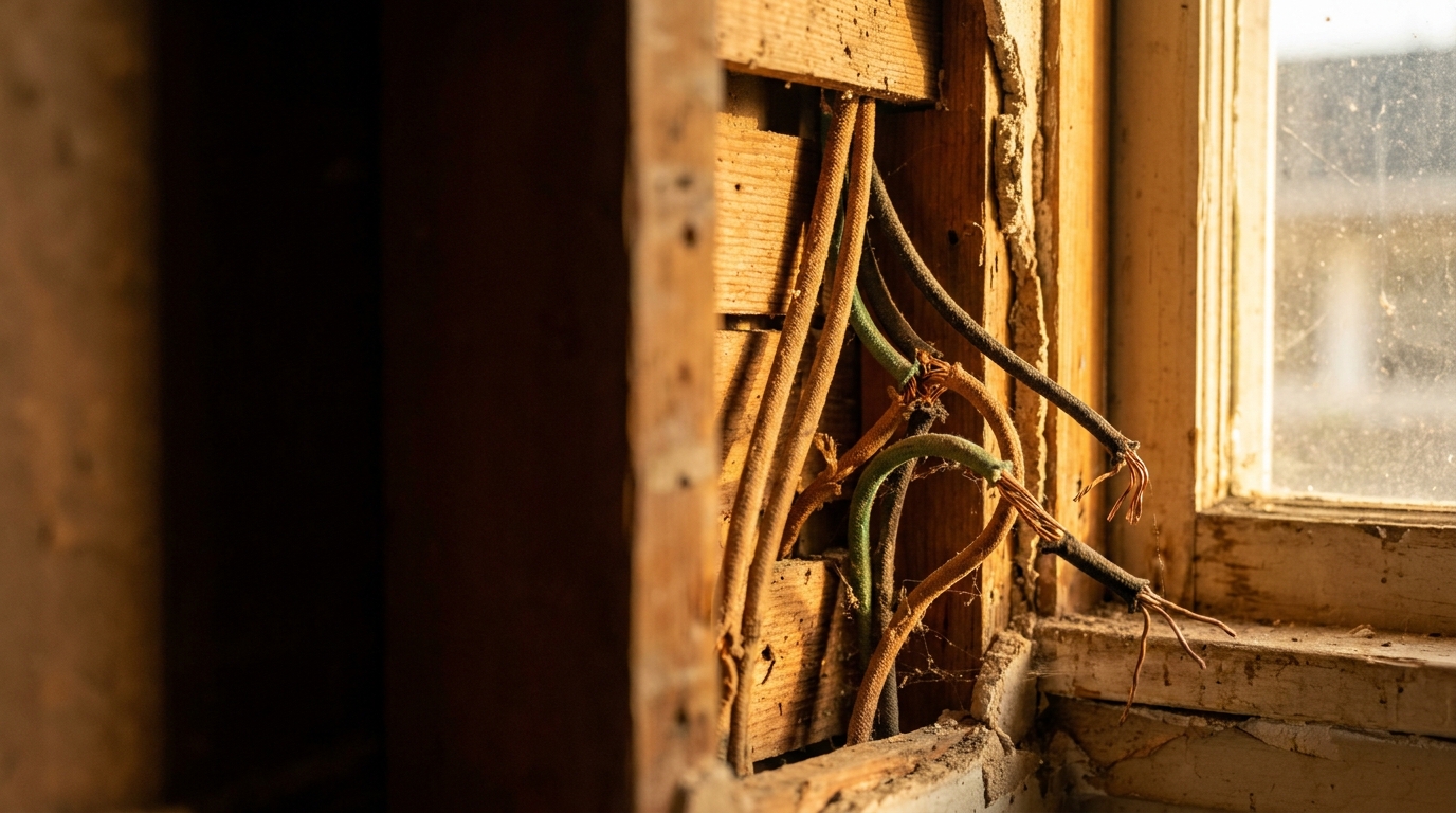 Exposed old electrical wires inside a wooden wall with sunlight streaming through a window