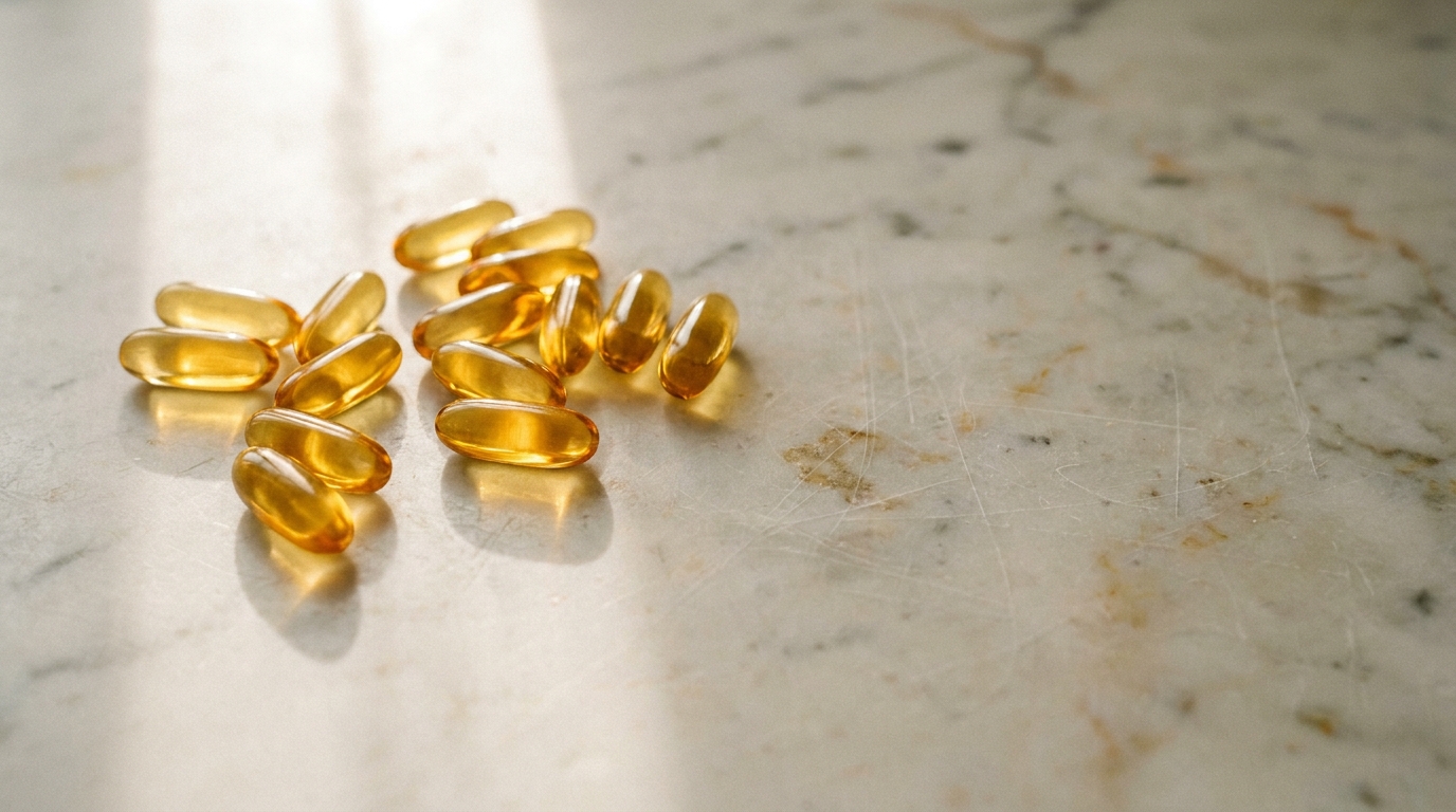 Soft gel capsules scattered on a marble surface in natural light