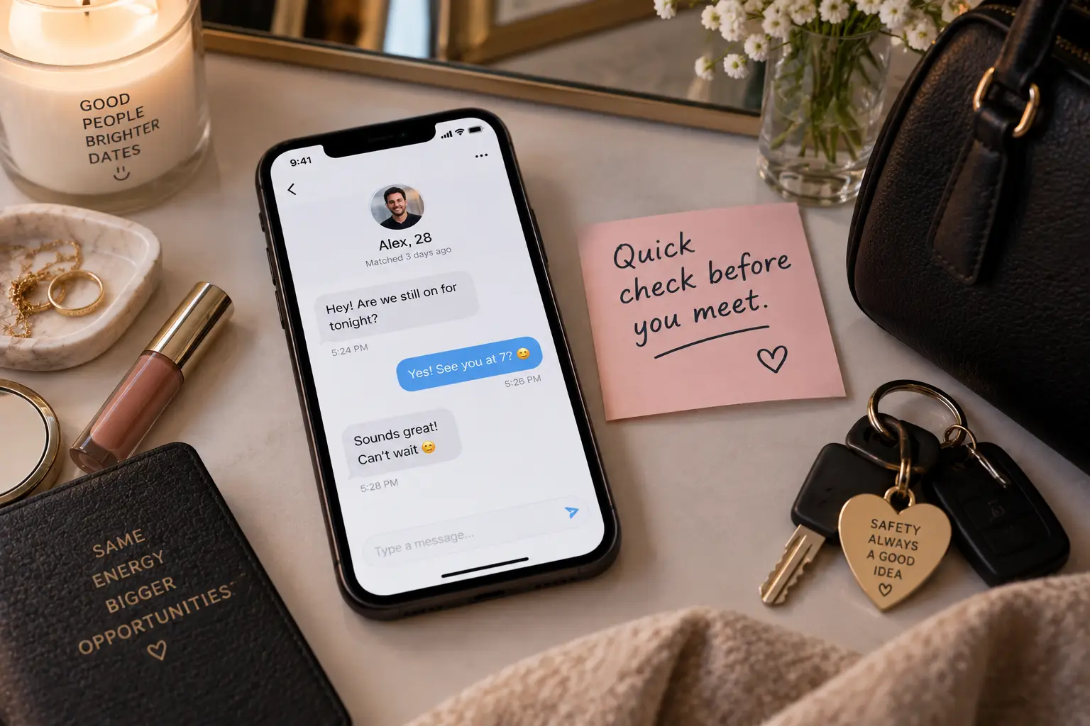 Smartphone displaying a dating app conversation on a marble table with pink note and keys nearby