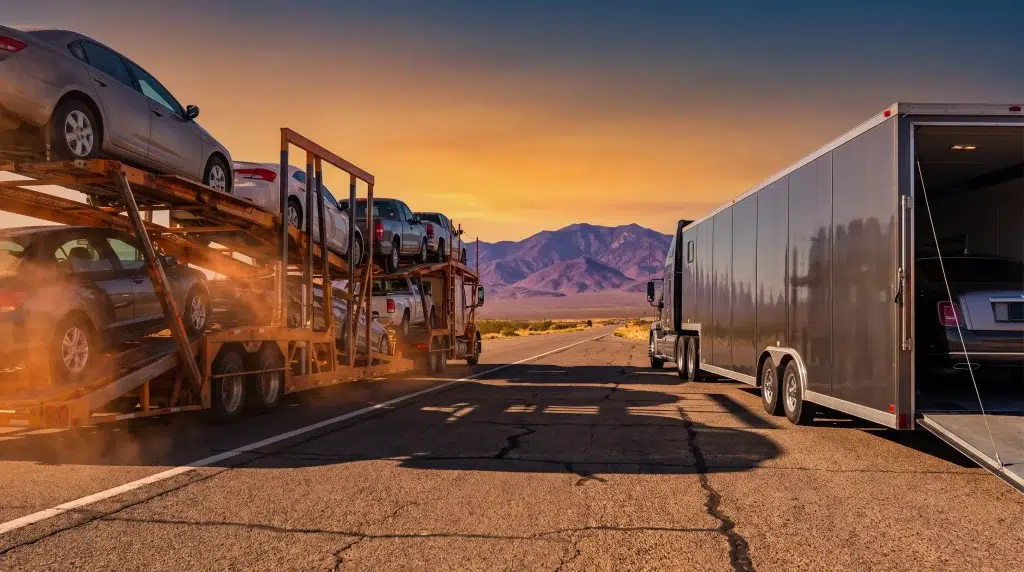 Car transport trucks on highway at sunset with mountains in background