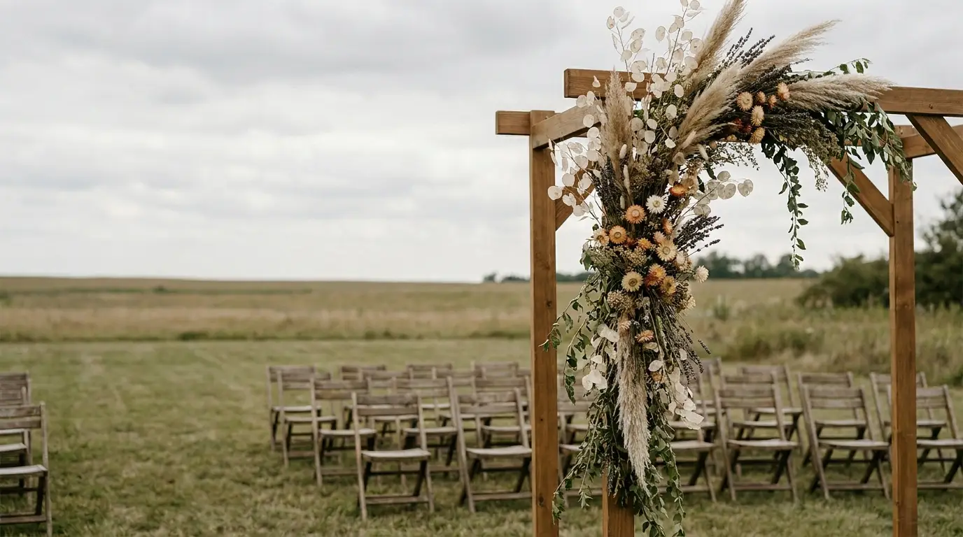 Rustic wooden arch with dried floral arrangement in open grassy field with wooden chairs