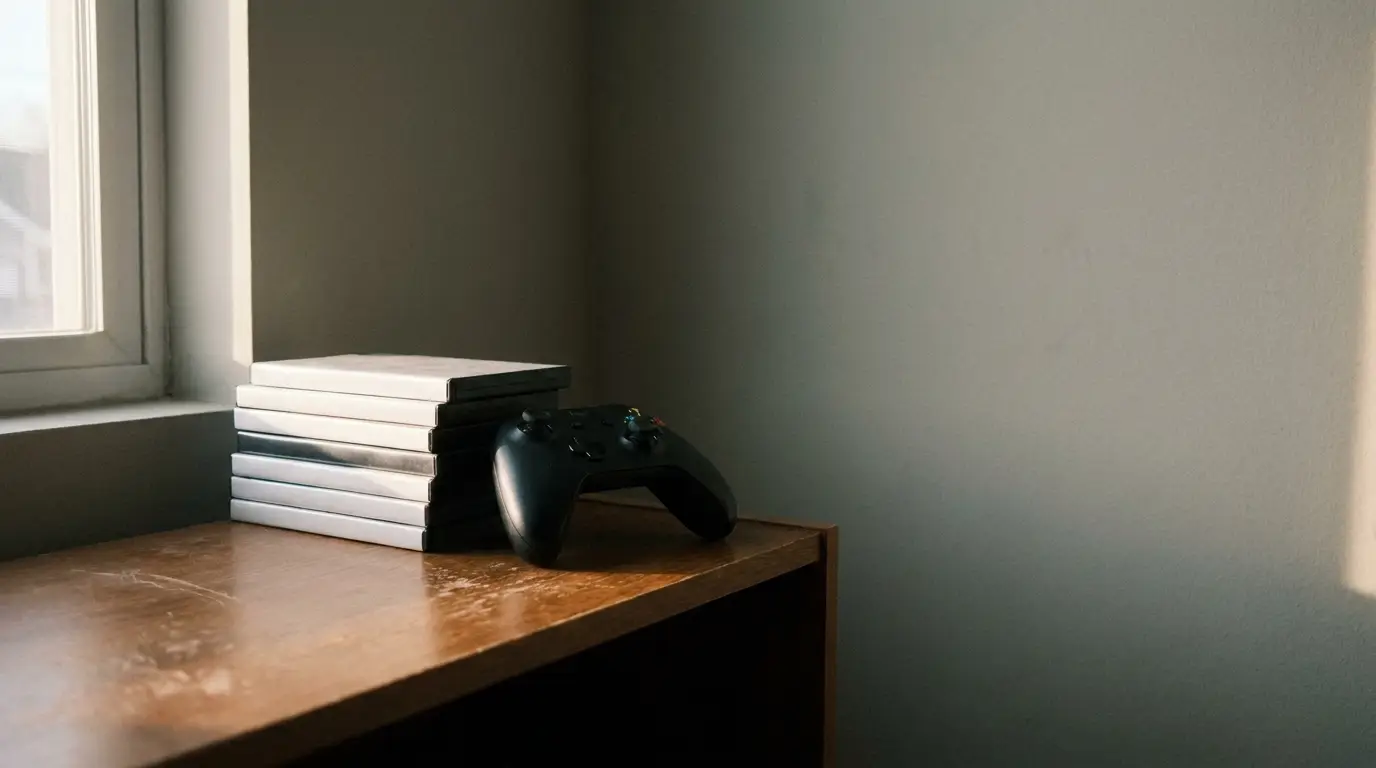 Stack of video game cases and a controller on wooden shelf in soft natural light