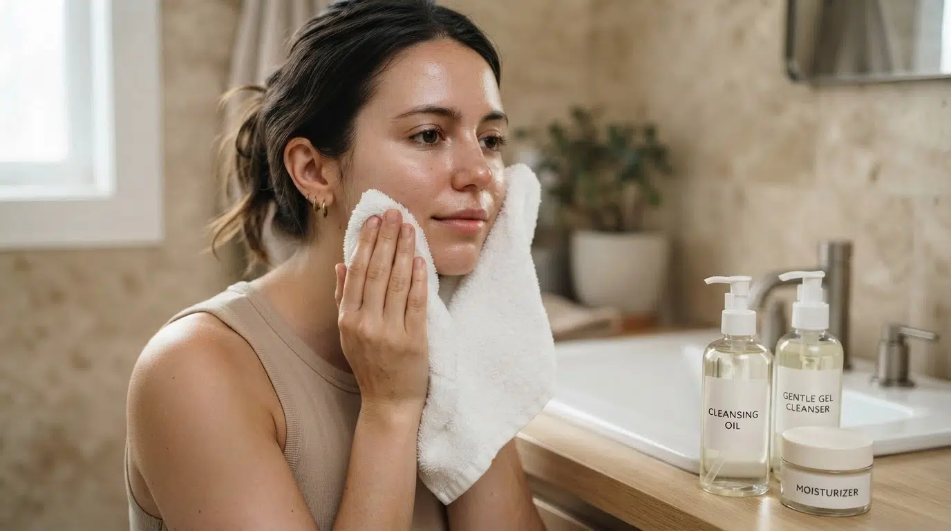 woman patting cleansed face dry beside labeled cleanser and moisturizer on vanity